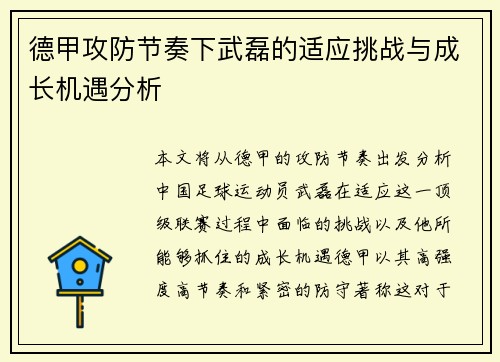 德甲攻防节奏下武磊的适应挑战与成长机遇分析