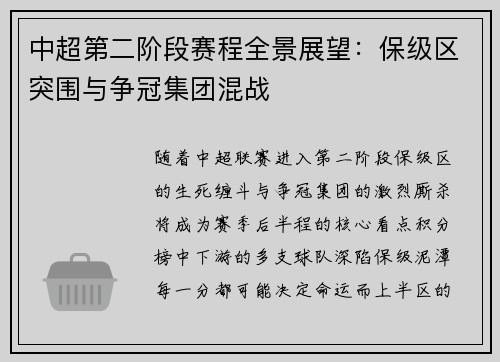 中超第二阶段赛程全景展望：保级区突围与争冠集团混战